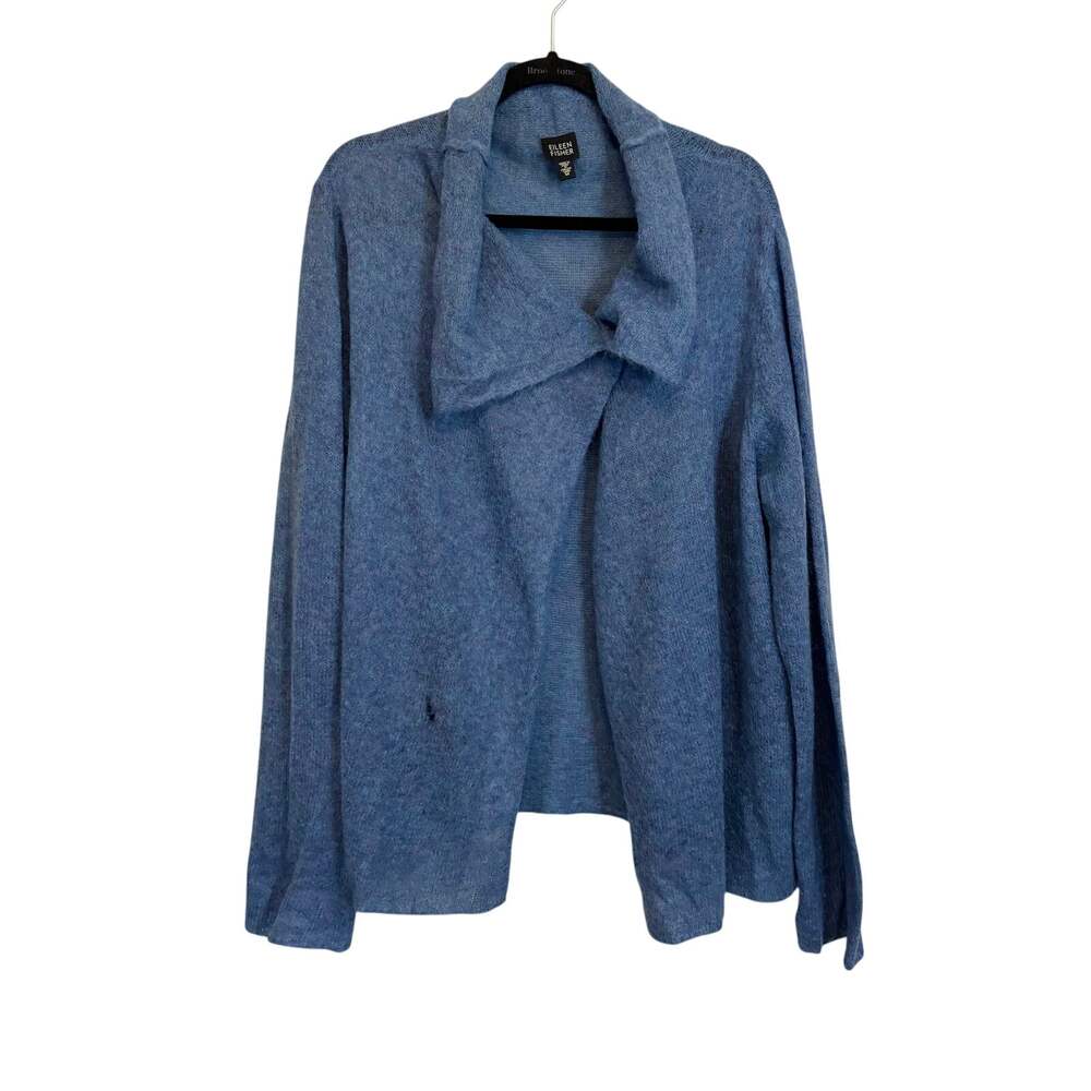Eileen Fisher Wool Cardigan Sweater M Blue Open Front Drape Collar Cozy Comfy